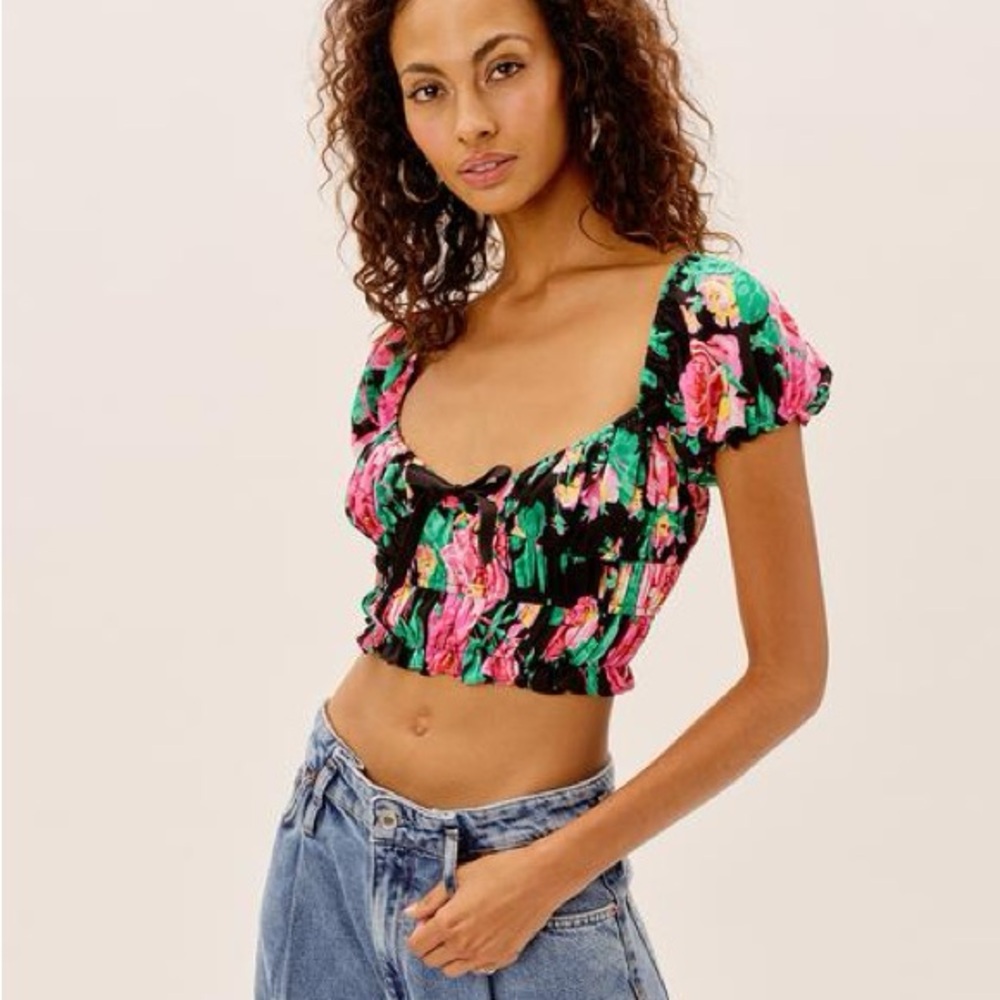 For Love And Lemons Black Floral Puff Sleeve Blouse
